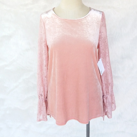 Kensie Tops - Kensie Pink Velvet Top Floral Lace Sleeves